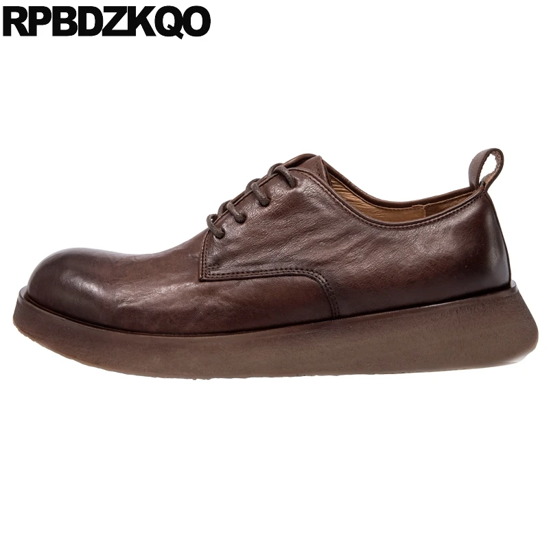 

Wide Toe Brown Round Business Office Casual Derby Dress Oxfords Flats British Lace Up Rubber Sole Shoes Full Grain Leather Men