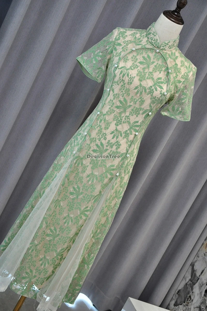 

2025 новый улучшенный китайский ретро-модный кружевной Cheongsam с коротким рукавом и воротником-стойкой, элегантный женский длинный ципао больших размеров