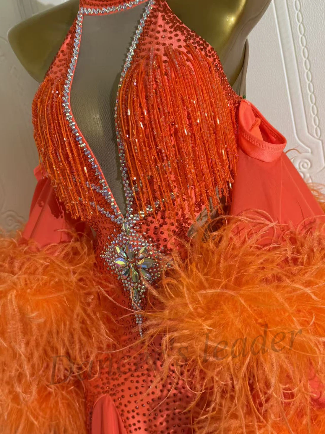 

Latin Dance AB Stone Female Adult Children High end Customized Transparent Mesh Collar Tango Samba Team Performance Dress