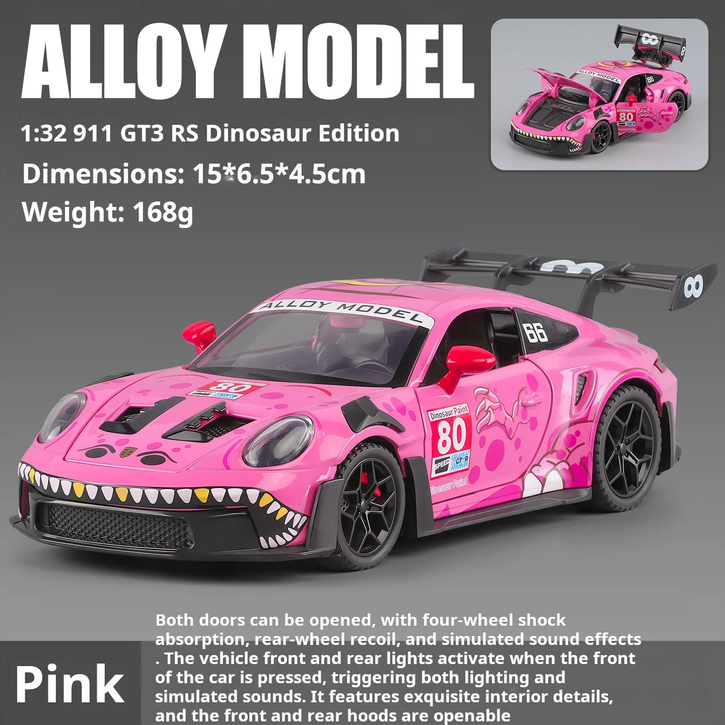 1:32 Dinosaur Graffiti GT3 RS Sports Car Alloy Diecast Model Toy Cars Sound & Light Pull Back Simulation Models Boys Gifts view 3