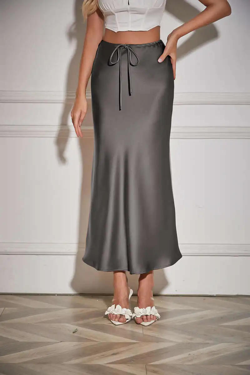 New In 2026 Spring Summer Solid Color Satin Long Skirt For Women High Waist Lace-Up Fashion Elegant Faldas