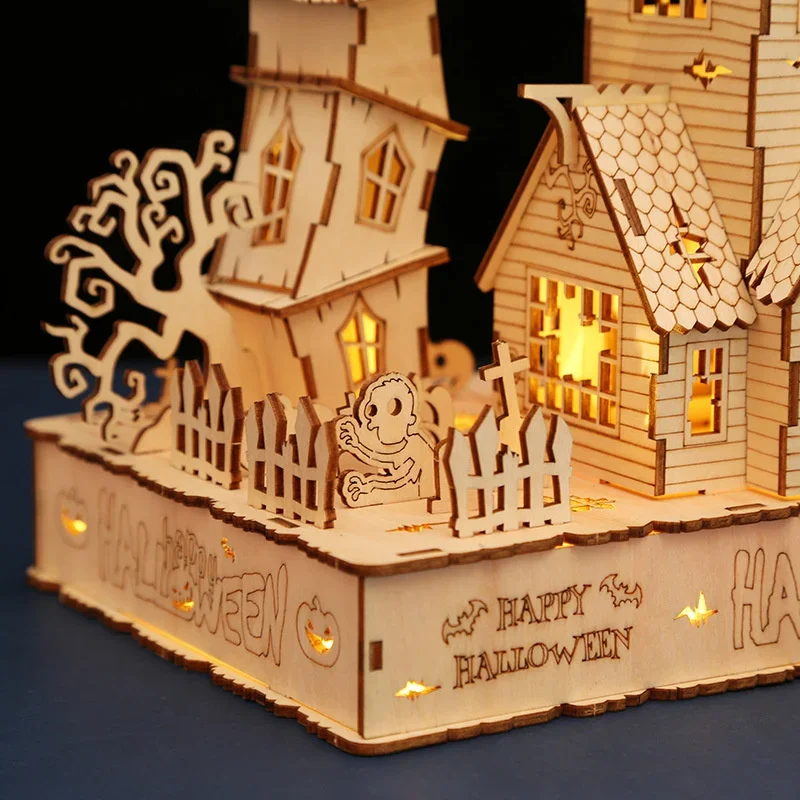 Jouets d'Halloween 3D maison en bois Puzzle bricolage Kit de Puzzle jouets pour enfants Miniature bricolage maison avec Kit de modèle de lampe