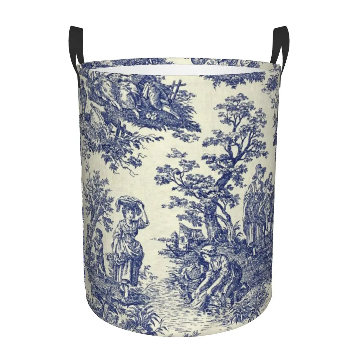 Custom Toile De Jouy Blue Laundry Hamper Large Clothes Storage Basket French Navy Blue Motif Toys Bin Organizer for Boy Girl