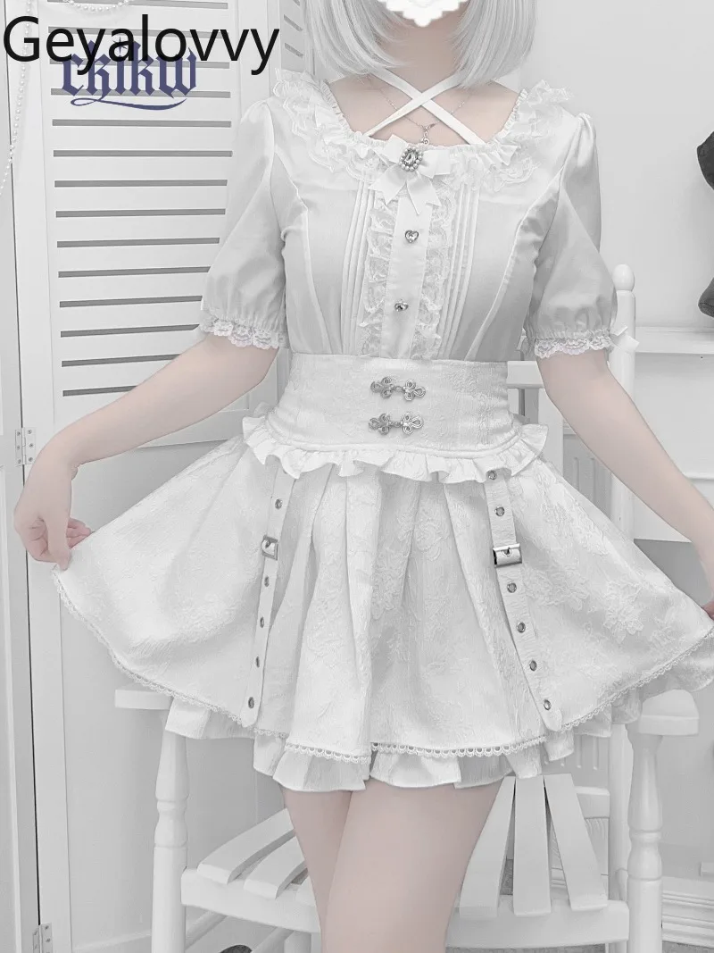 

Dark Pattern Metal Buckle Short Skirt Subculture Chinese Functional Style Sweet High Waist Slim Fit Versatile Mini A-Line Skirts