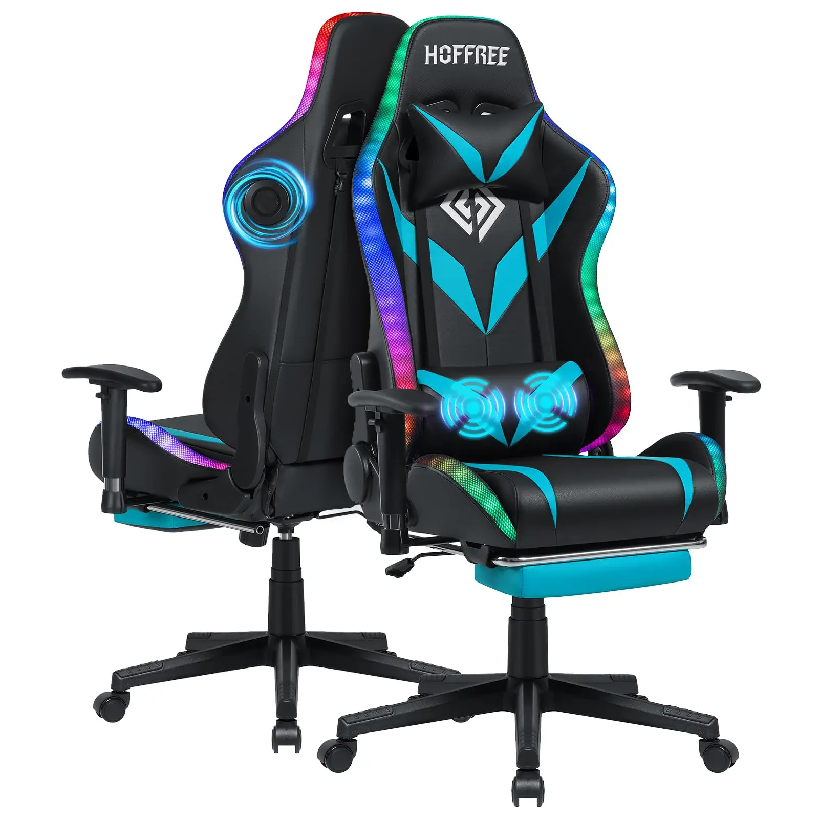 Led Gaming Chair with Speakers Massage 165° Reclining Computer Chairs-Blue