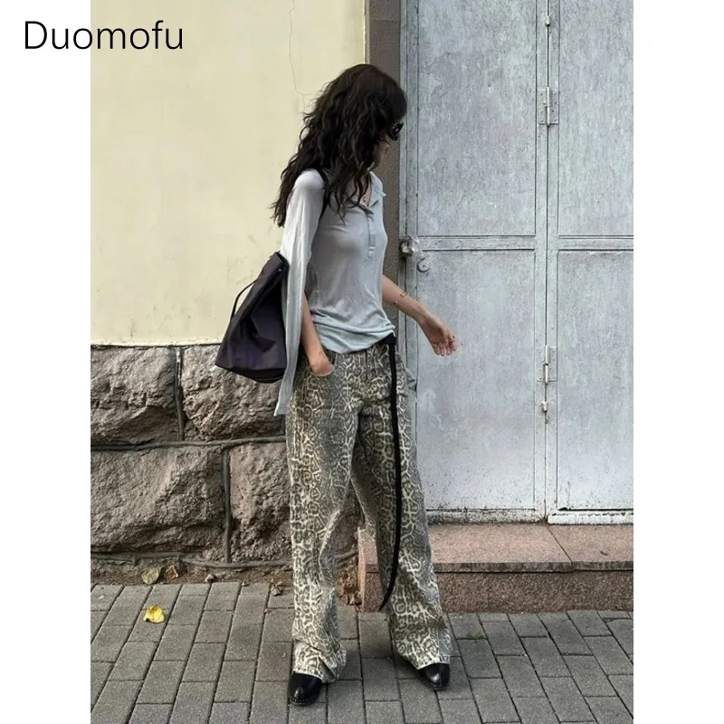 Duomofu American Leopard Wash Jeans Women Y2K Retro Street Hot Girl Loose Korean Style Casual Hot Girl High Waist Straight Jeans