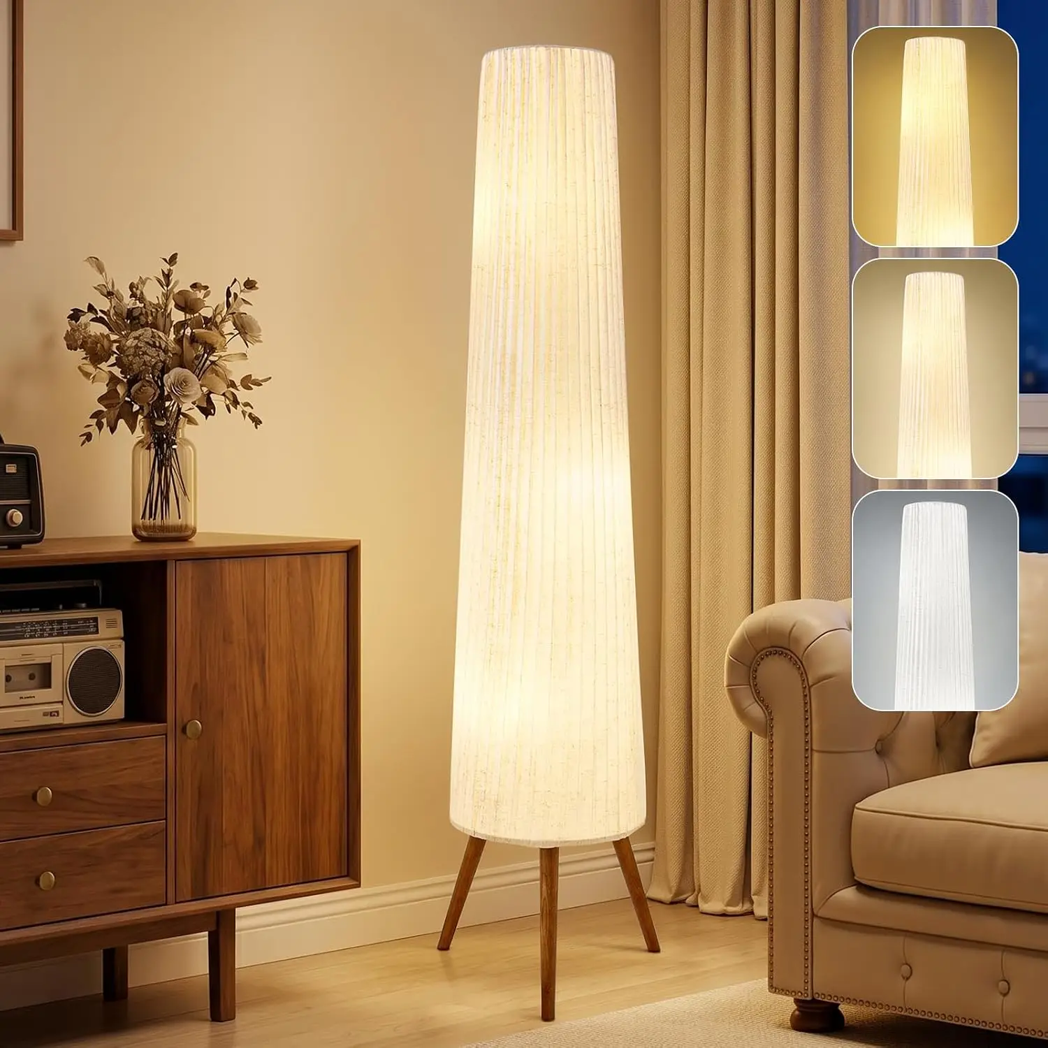 60 Inch Oatmeal Wood Floor Lamp, Color Temperature Adjustable Softlighting Corner Lamp, 3 Bulbs Standing Lamp, Creative