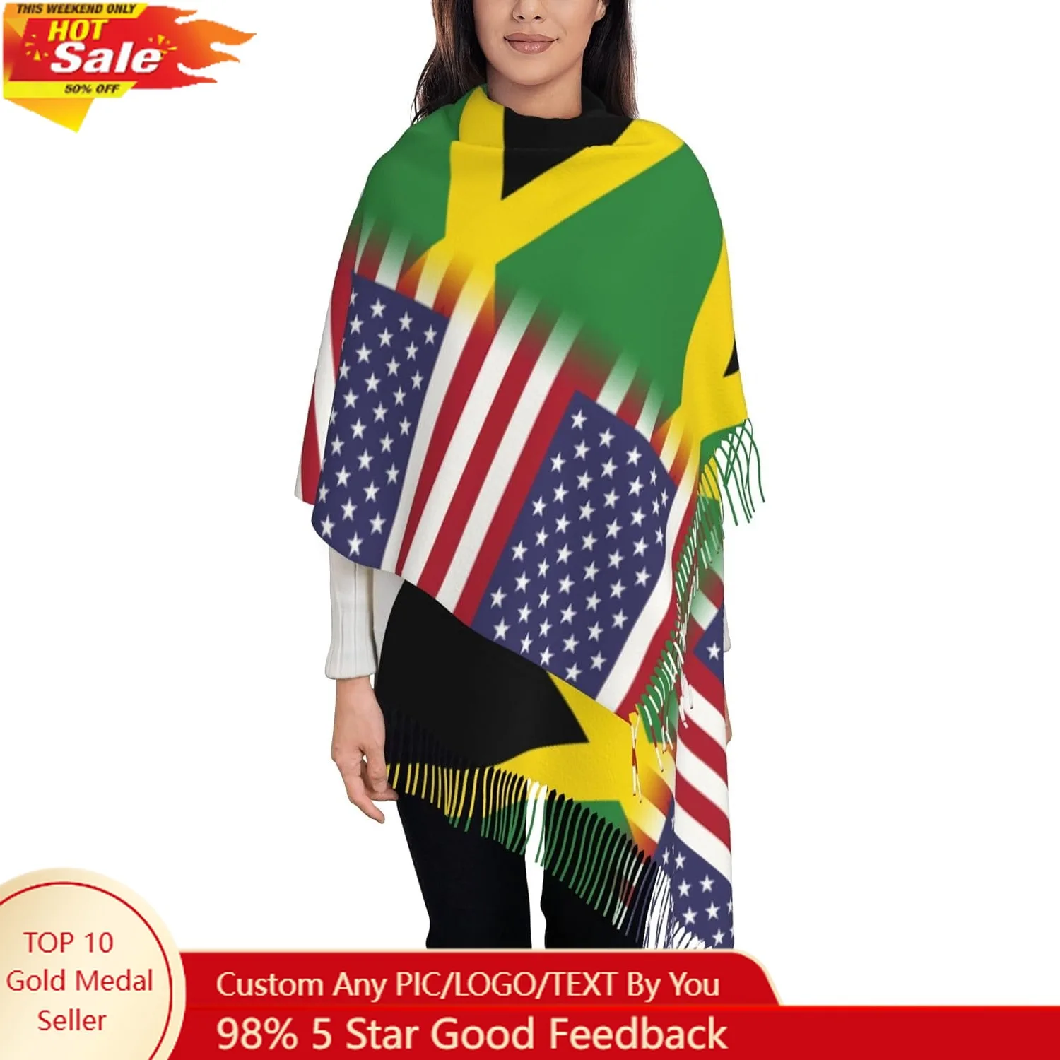 

American flag and Jamaican flag Women's Long Style Fashion Tassel Scarf Classic Leisure Fringe Shawls Wraps 77.6"x28.3"