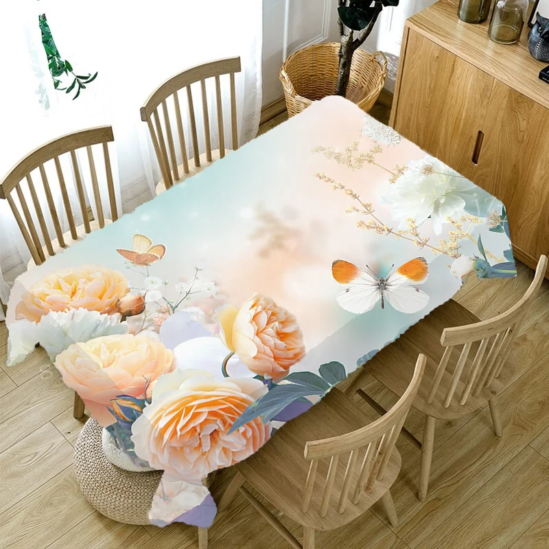 3D Butterfly Floral Tablecloth Colorful Home Party Rectangle Tablecloth Wedding Fireplace Stain Resistant Decorative Accessories