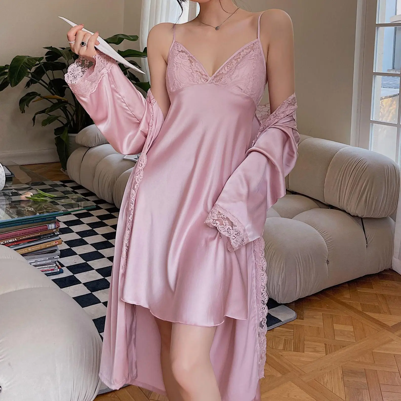 Bride Wedding Robe Set Burgundy Sexy Lace Nightgown Sleepwear Suit Summer Women Bathrobe Gown Casual Satin Kimono Home Dress