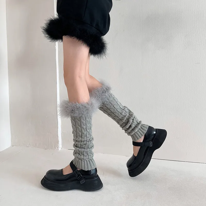 Women Girls Harajuku Y2K Fur Winter Furry Knit Leg Warmer Feather Stockings Gothic Lolita Cosplay Warm Boots Xmas Leg Warmers