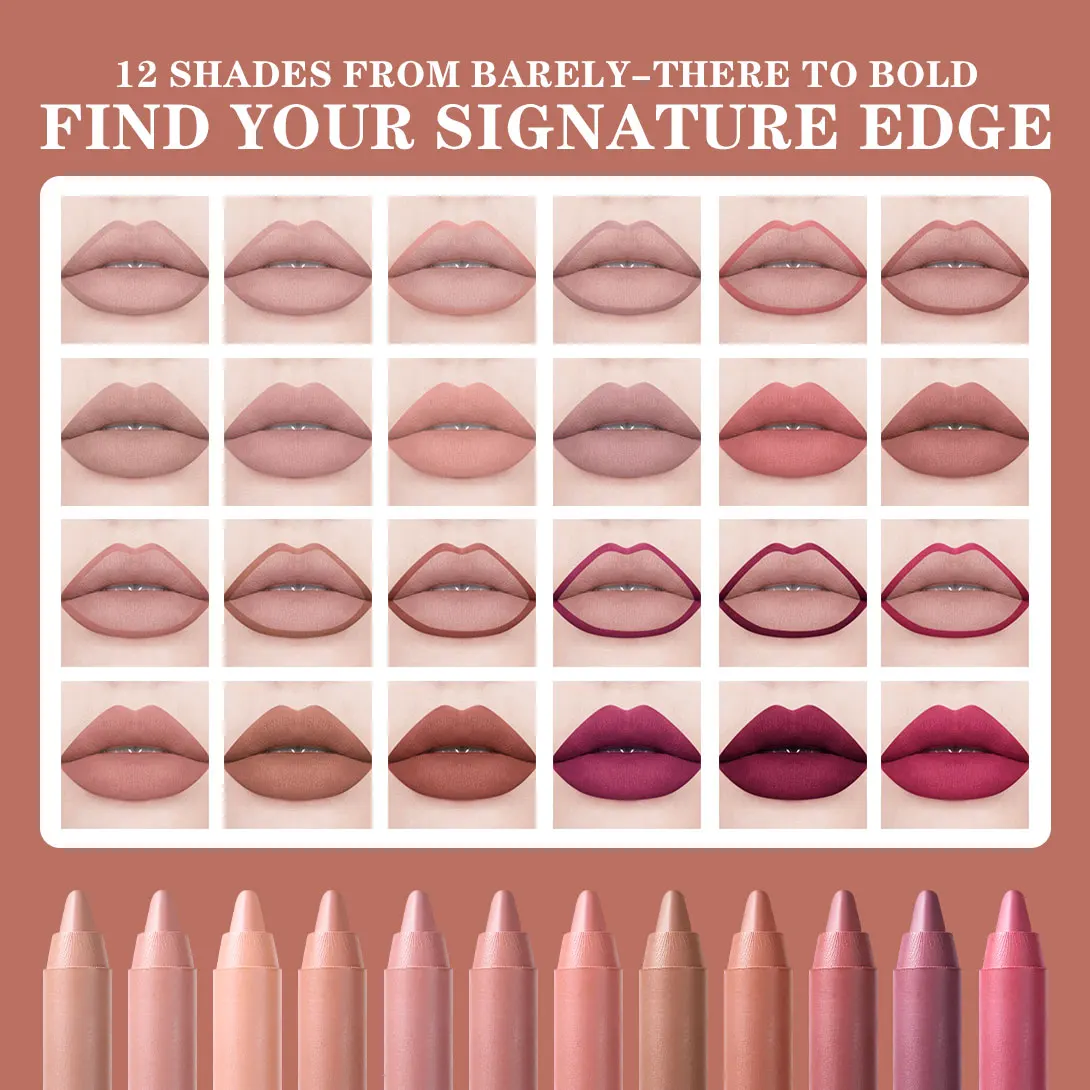 12Pcs/Set Lip Liner Set Waterproof and Sweat-Proof, Delicate Texture, Non-Smudged, Outline Lip Shape, Essential Lip Liner for Novices, Holiday Party, Valentine's Day Gift, Lip Liner Set