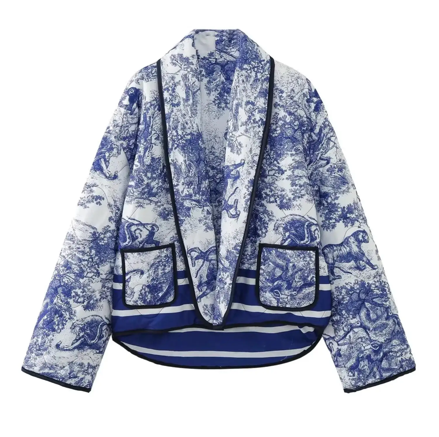 2023 Women Long Sleeve Asymmetric Hem Loose Outwear Autumn Winter Blue White Flower Print Shawl Collar Quilted Coat Ethnic