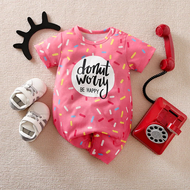 Newborn Baby Clothes Pink donut print Jumpsuit Summer Short Sleeve Romper 0-12 months Infant Toddler Pajamas One Piece Outfit