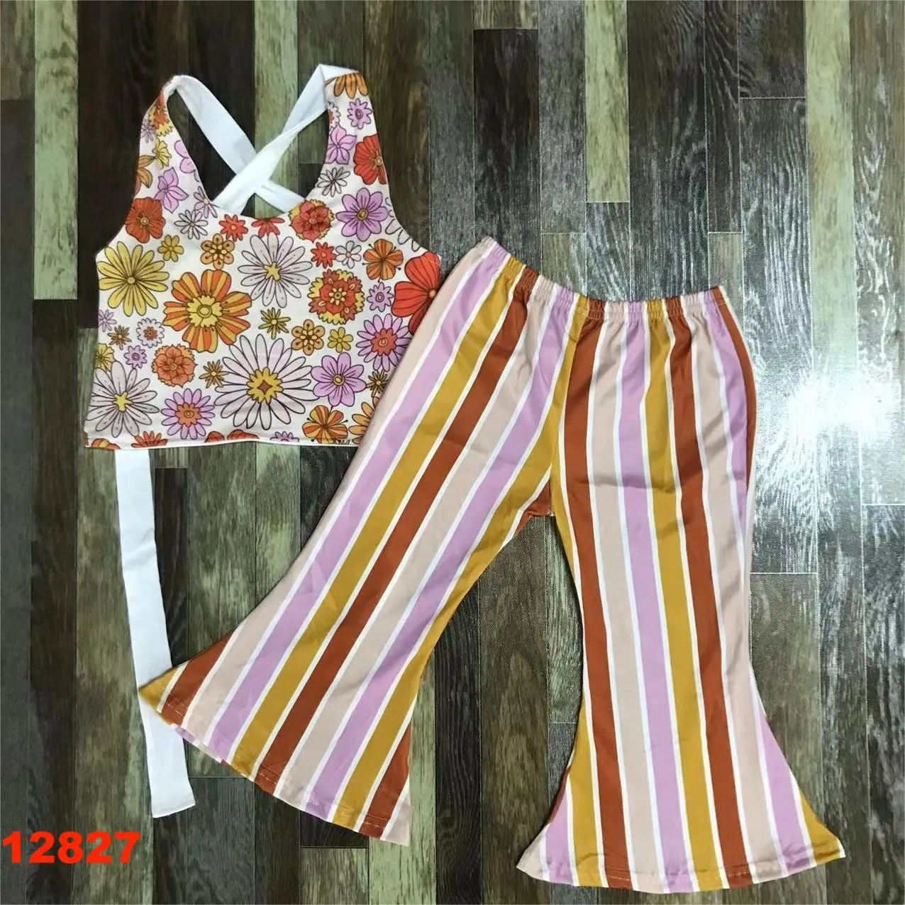 2024 Girls baby suit sleeveless top plus bell bottom pants children suit cotton outdoor school casual sweet cute style