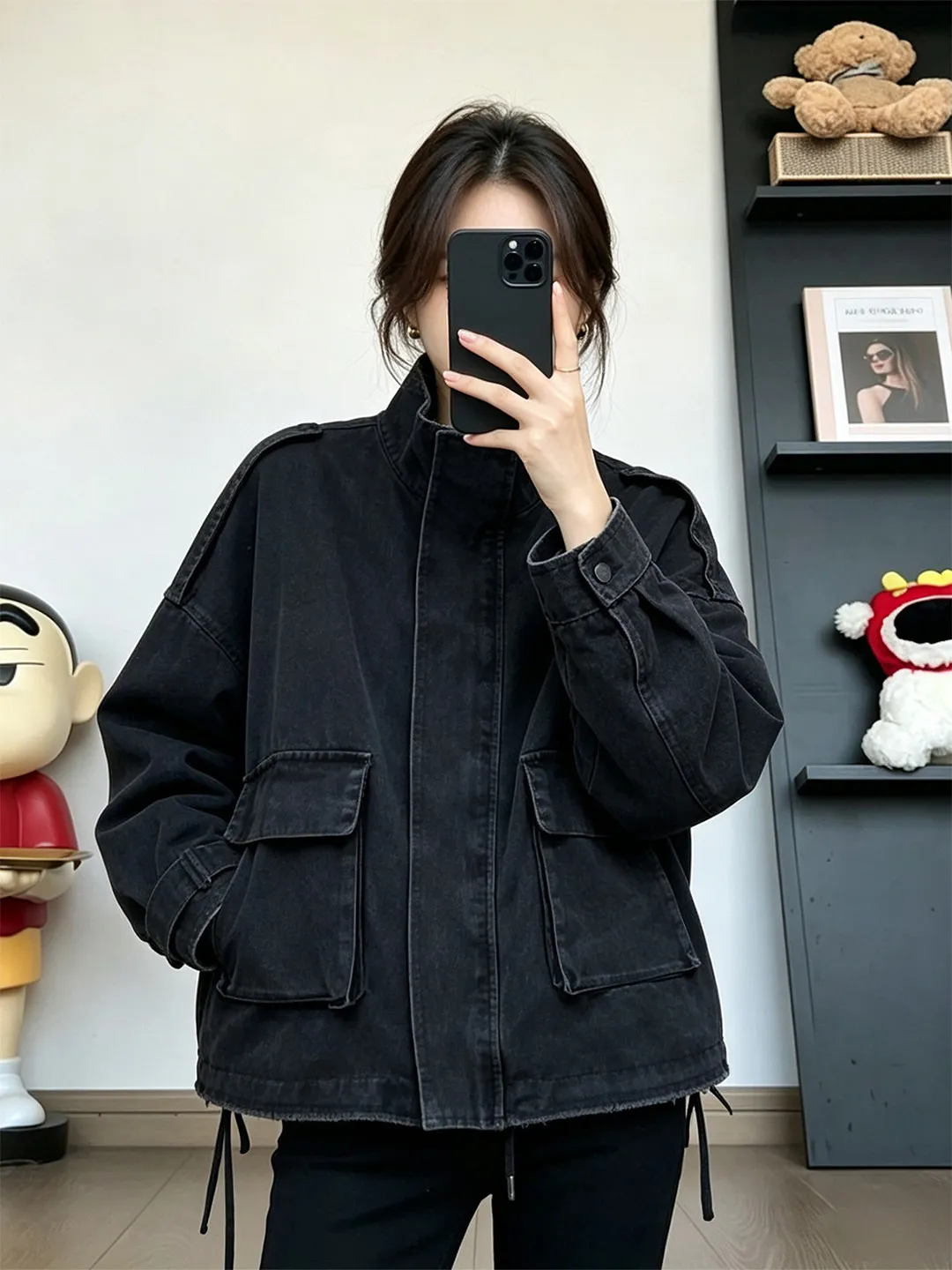 Women American Vintage Black Stand Collar Denim Jacket Spring Autumn New Loose Oversized Washed Distressed Cargo Jacket Top