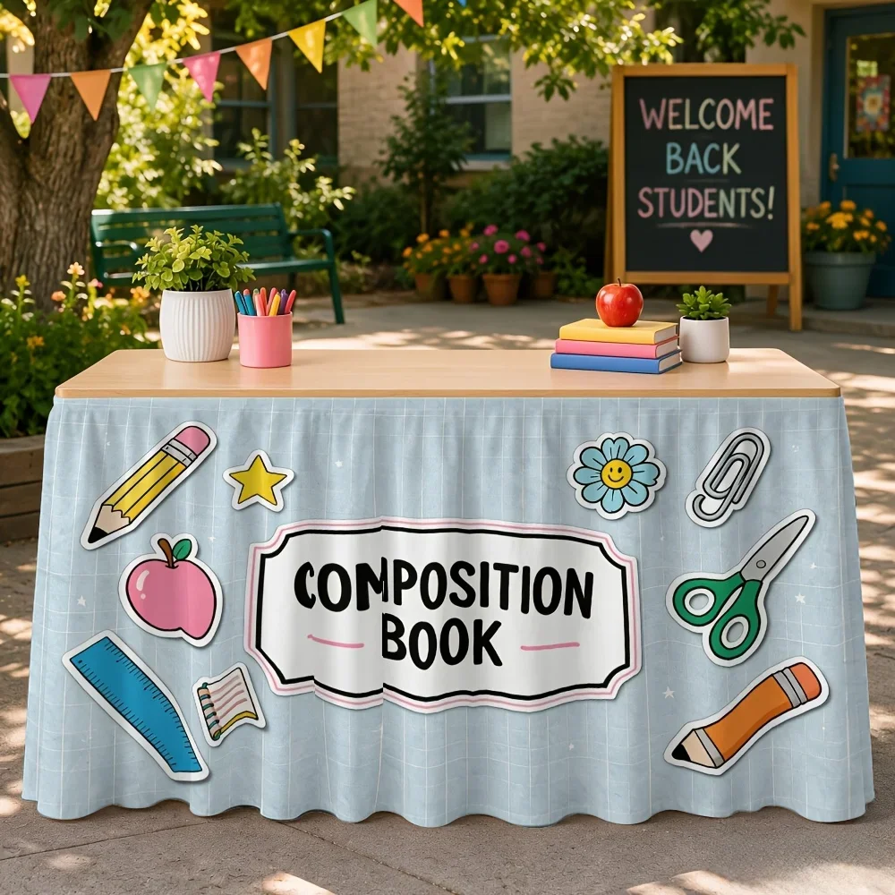 One cartoon-themed stationery print table skirt, suitable for decorating an indoor back-to-school theme party