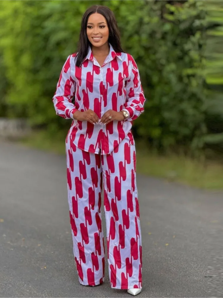 

Printed Pants Set Women Spring Autumn Casual Button Long Sleeved Shirts And High Waist Straight Pants 2 Piece Set Casual Outfits
