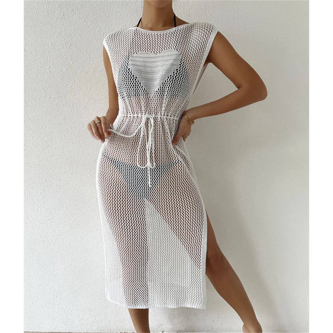 Neues, durchsichtiges, gehäkeltes, gestricktes Strandkleid mit Ausschnitten, Bikini-Überwurf, zweiteiliges Strandkleid, Strandmode, Damen V4221 – Detail 8