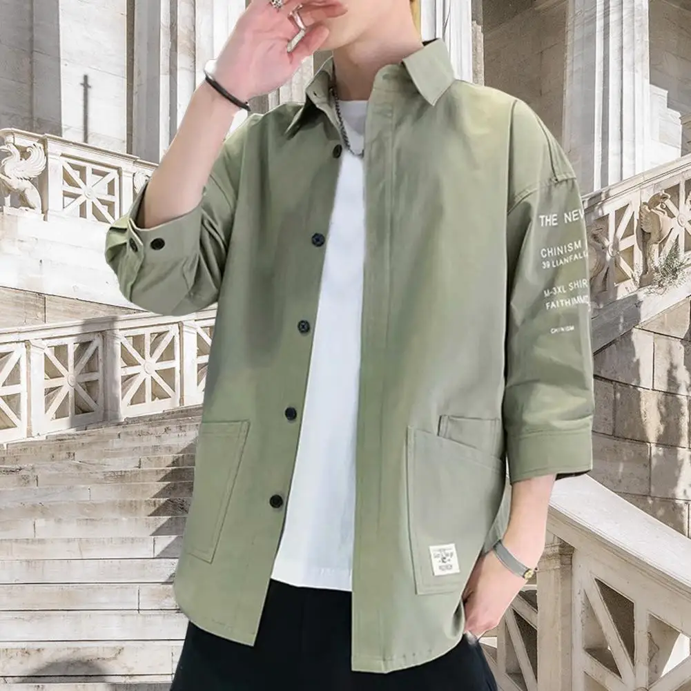 Japanese Style Men Jacket 3/4 Sleeves Cargo Shirt Coat Short-sleeved Summer Loose Shirt Jacket Spring Autumn Shirt Streewear