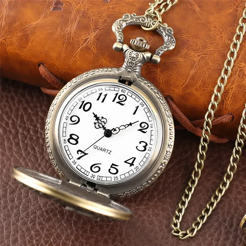 Antique Half Hunter Pocket Watch Hollow Out Eagle Hawk Wing Bronze Quartz Watches Necklace Chain Clock for Men Women Kid Gift