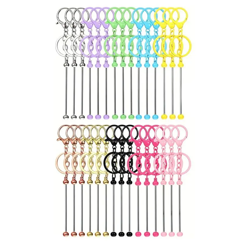 

A32HOT-Beadable Keychains Bars Bulk Blank Beaded Metal Keychain For Craft DIY Gift Backpack Decoration Pendan