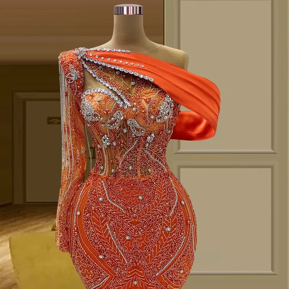 Orange Long Middle Eastern Evening Dresses One-shoulder Beaded Saudi Arabia Dubai Robe De Soiree Prom Dress Gown Customized