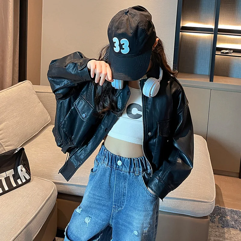 Girls Leather Jacket Autumn Trendy Cool Teenage Kids PU Outerwear Black Casual All-match Streetwear Kids Coats 10 12 13 14 Years