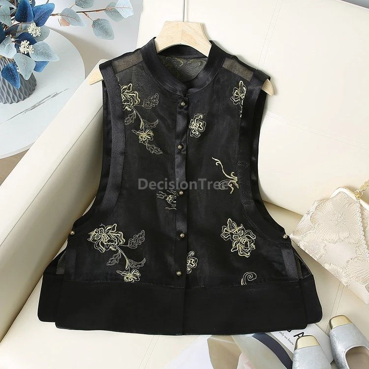 Elegant Balck Embroidered Vest New Chinese Style Stand Collar Organza Vest Spring Summer Temperament Women Outwear Top