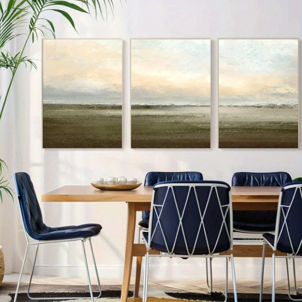 2D Flat, 2D Flat, Set of 3 Unframed Canvas Prints Featuring Abstract Illustrations of a Pastel Sunset Over Rural Farmland, De