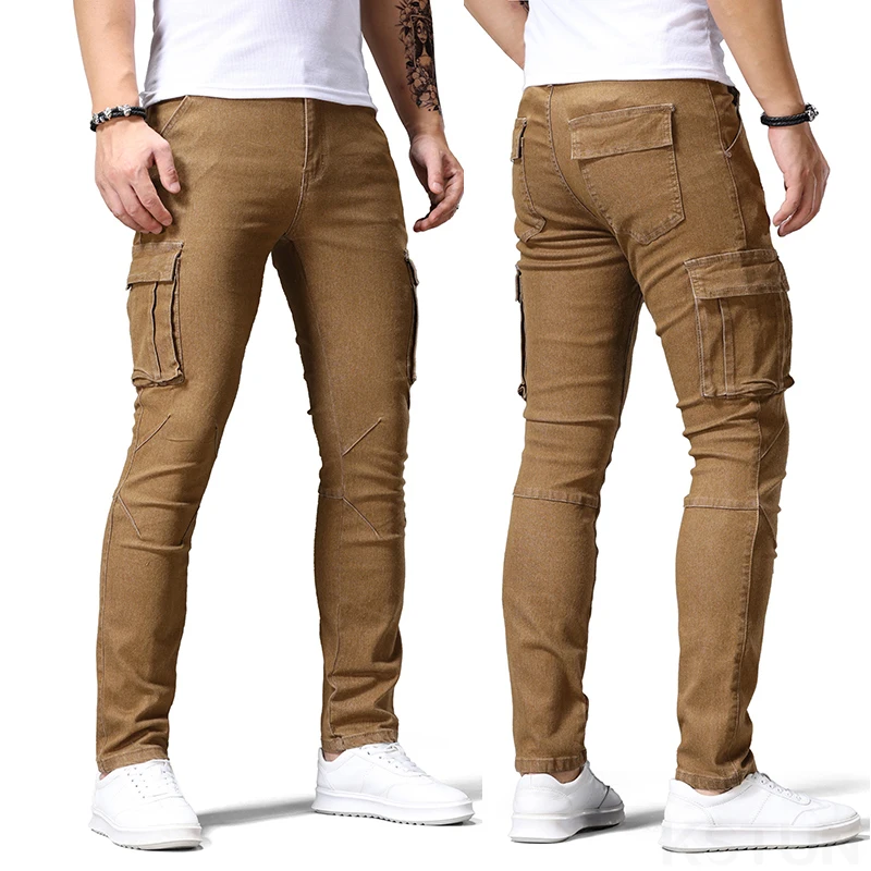 KSTUN Street Jeans elastici da uomo Pantaloni cargo in denim rosso Lavaggio tinta unita Multi tasche Pantaloni casual Slim Fit Abbigliamento quotidiano Jogging