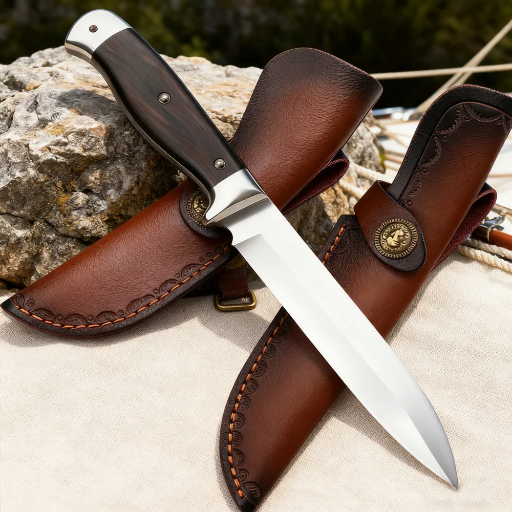 24.5CM Leather Knife Sheath - Two-Layer Cowhide Fixed Blade Holster, Protective Case for Hunting/Kitchen Knives