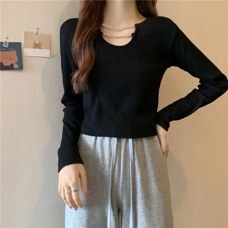 Fashion Solid Color Spliced Chain Korean T-Shirts Female Clothing 2023 Autumn New Loose Casual Tops All-match Tee Shirt