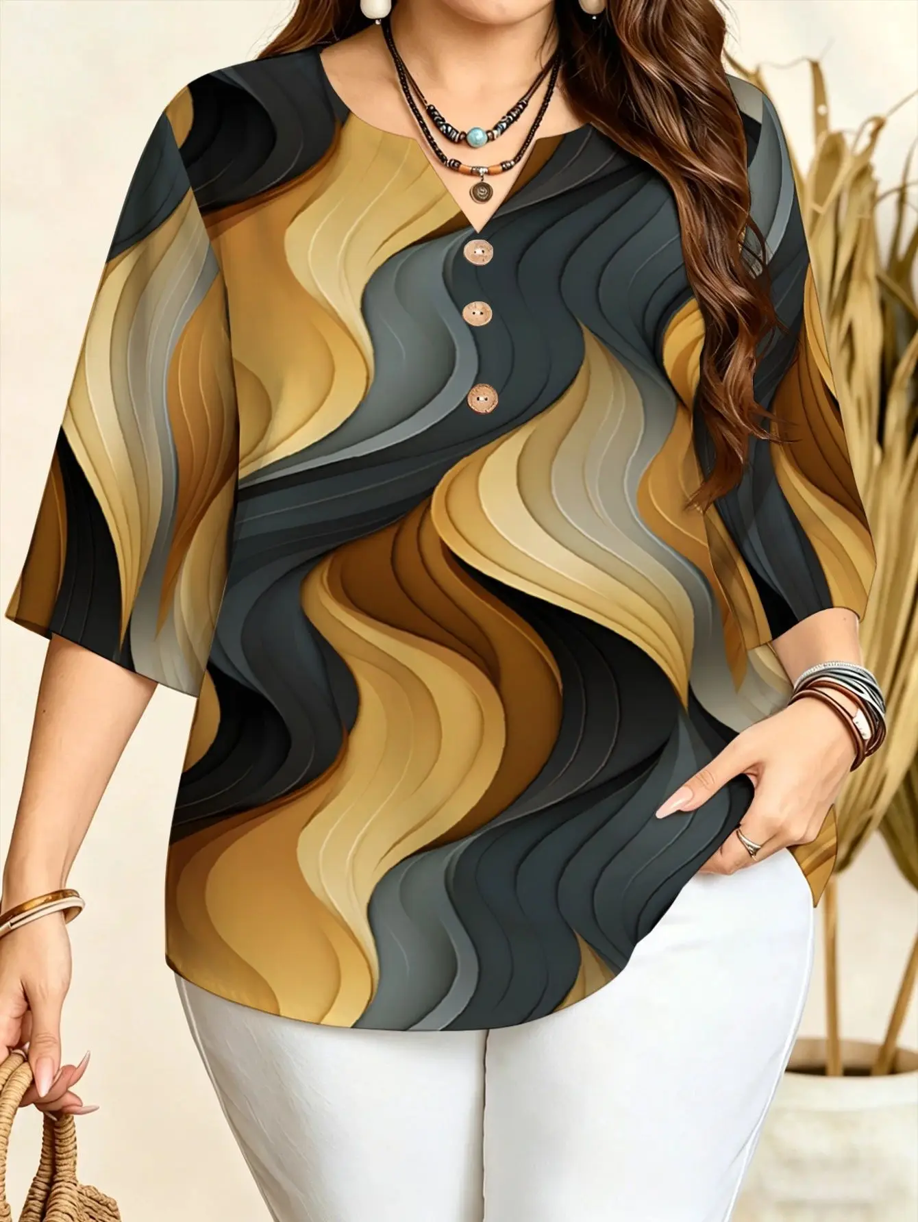 Notch V Neck 3/4 Sleeve Blouse Plaid Tartan Checkerboard Fluid Wave Abstract Print Loose Women Casual Top