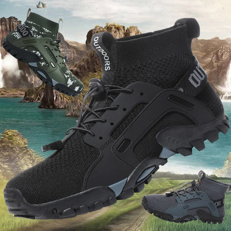 

New high-top outdoor sports shoes lovers large size wear-resistant non-slip hiking shoes mesh surface breathable water shoes