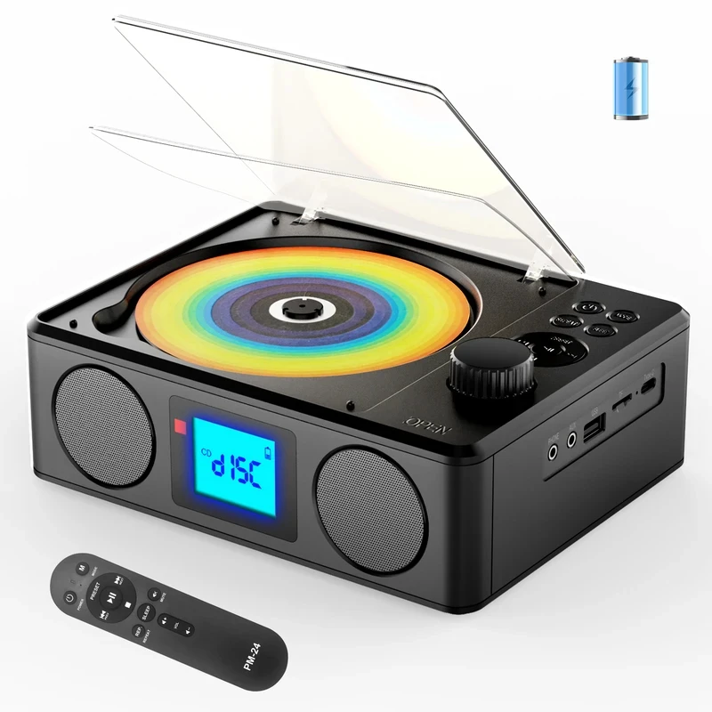 

Reproductor de CD portátil con Bluetooth, altavoces de reproductor de CD de escritorio recargables, Radio FM, Control remoto, pa
