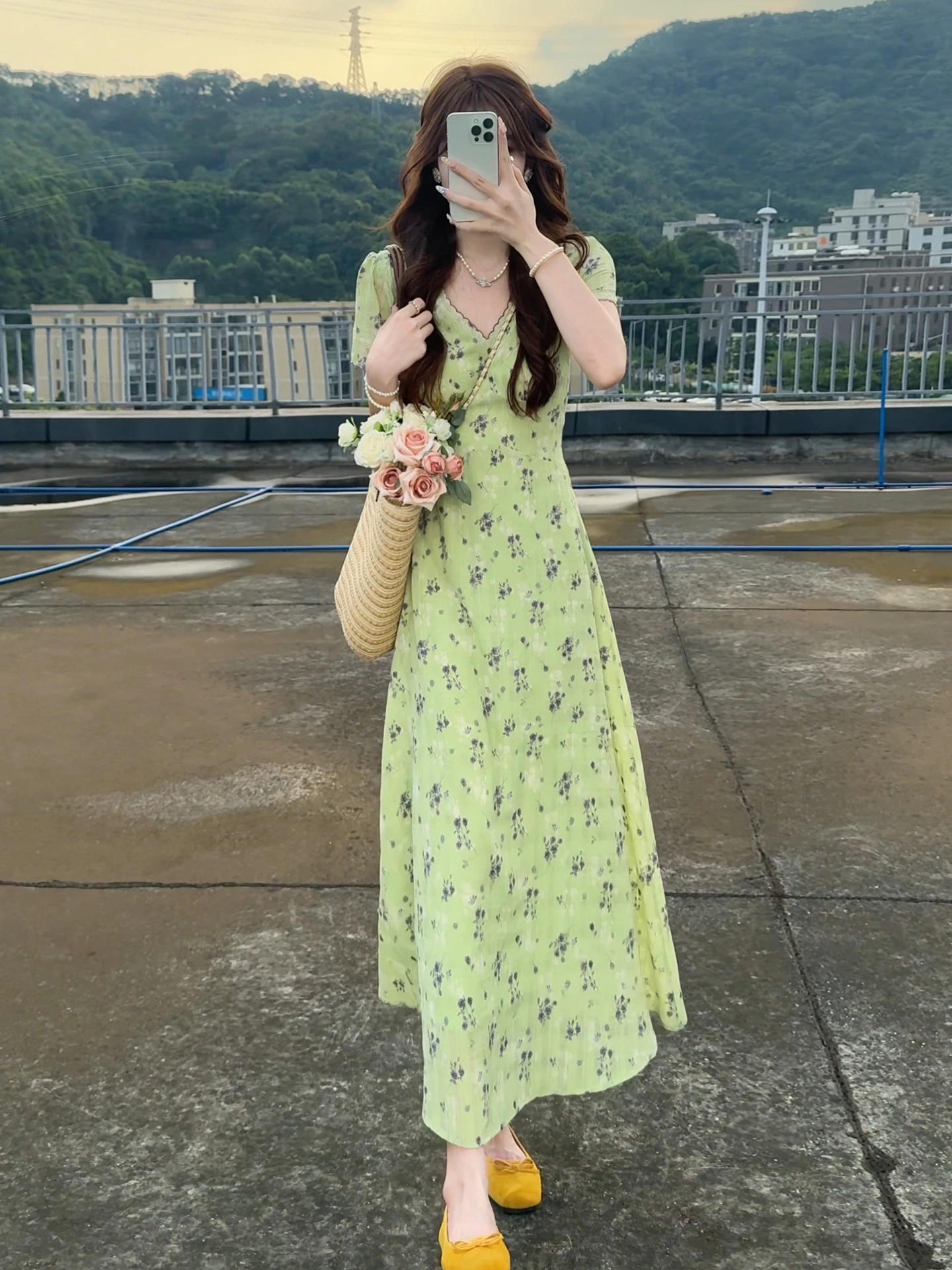 een Floral Print V-Ne Dr Women's Summer New Sle Beautiful A-Line Skirt ort Sve High Waist Sweet Sle Dr.