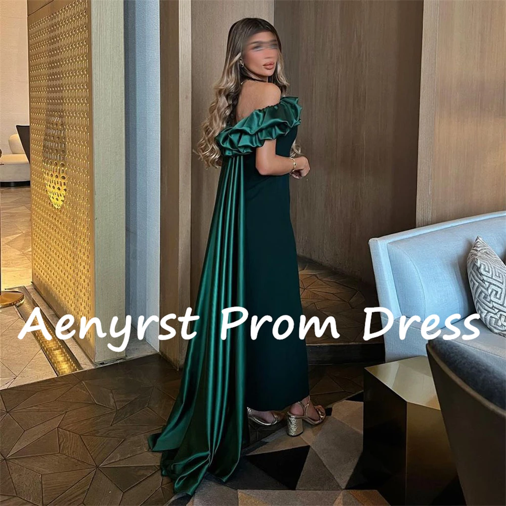 Aenyrst-Elegant Off The Shoulder Ruffles Sereia Cetim Prom Vestidos, Boat Neck Vestidos de Cocktail, Tornozelo Comprimento Dinner Party Dress