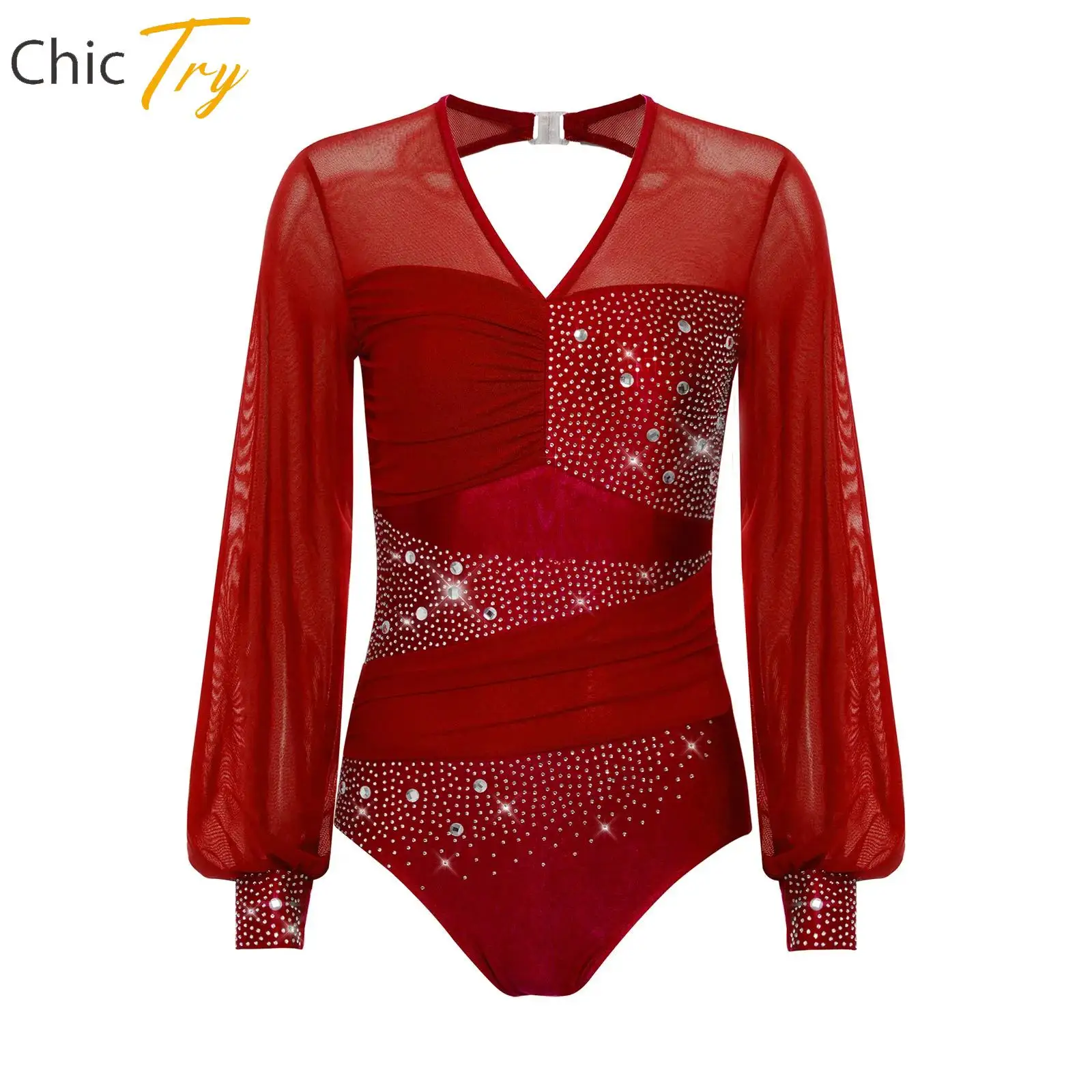 

Rhythmic Gymnastics Leotards for Womens Skating Tango Latin Dancewear Rhinestone Mesh Long Sleeve Back Cutout Ruched Bodysuit