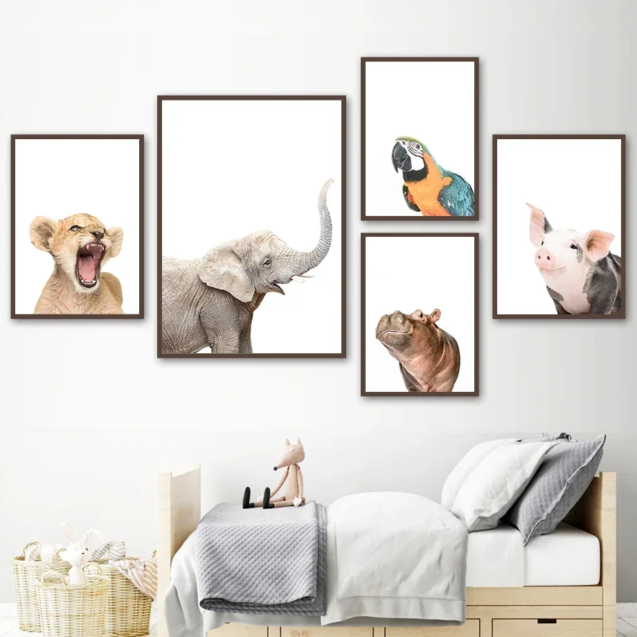 1PC Frameless  Cute Lion Hippo Parrot Elephant Ostrich Pig Wall Art Minimalist Aesthetics Print Canvas Painting for Living Room