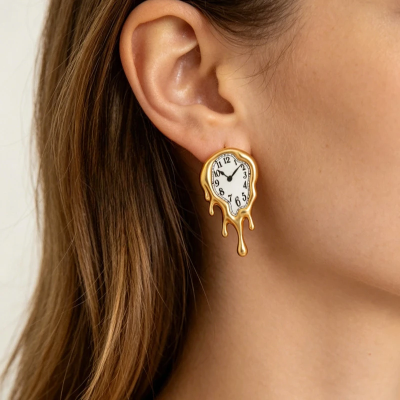 Vintage Copper Gold Color Melted Clock Pattern Irregular Earrings Unique Design for Women Daily Wear Jewelry Gifts
