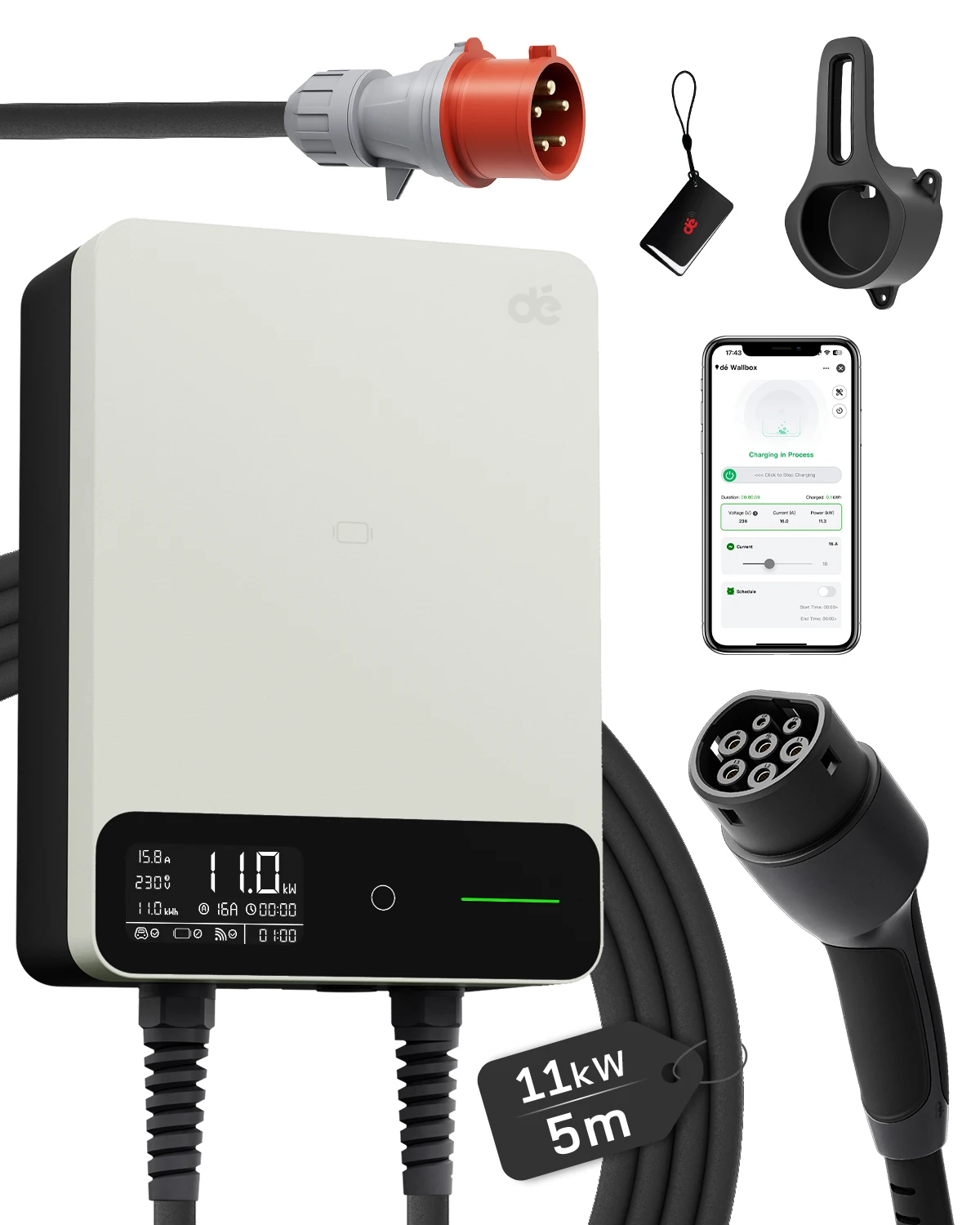 dé Wallbox 11kW Typ 2 16A 3-Phasen-Ladestation Tuya Smart APP-Steuerung für Elektrofahrzeuge 5m 7,5m 10m 12,5m 15m EV-Ladekabel EVSE Weiß