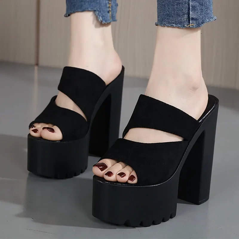 Super High Heel Sandals Female Sandals Fish Mouth Wear 2024 Thick Heel Thick Sole 16CM Black and White Dressing Room Flip-flops