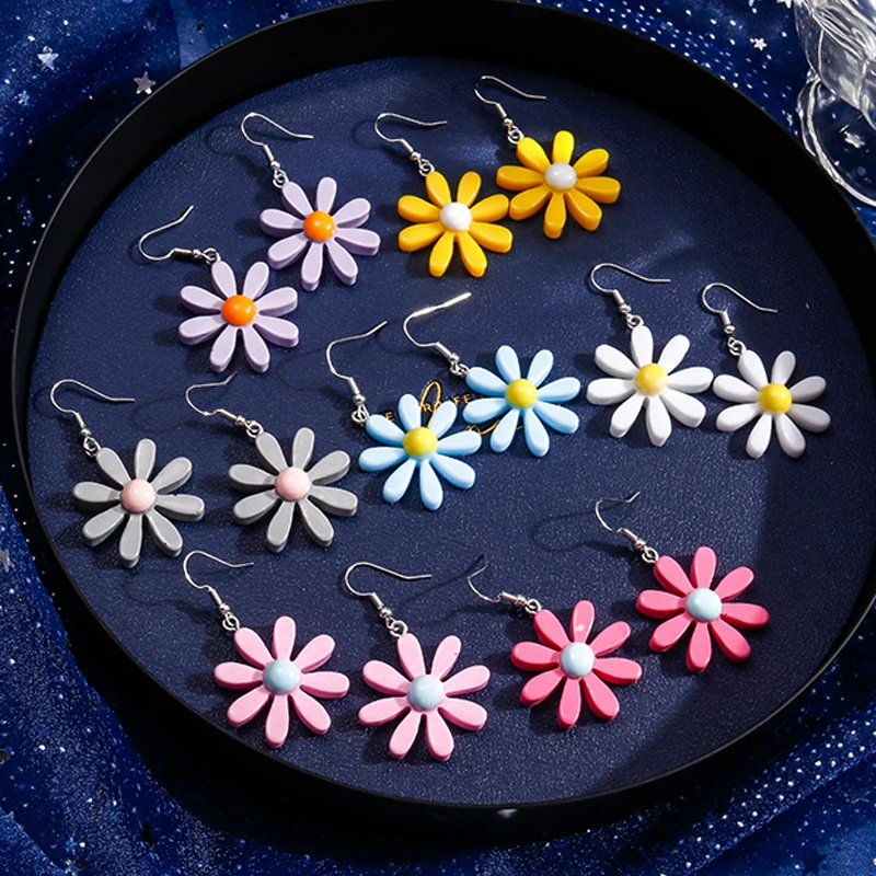 Aihua Candy Color Resin Daisy Flowers Earrings Korean Fashion Dangles Earring for Women Girls Jewelry Gifts