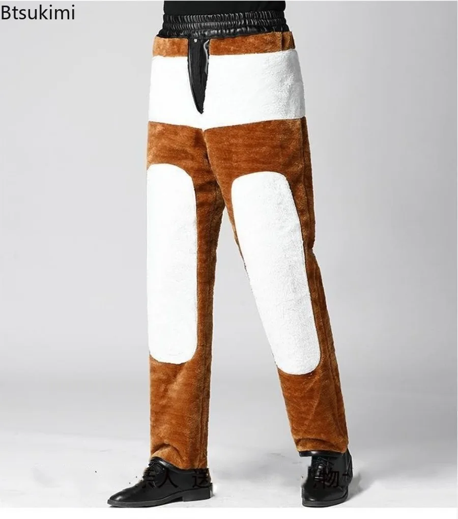 Nowe męskie ciepłe spodnie z polarową podszewką, grube, zimowe, wodoodporne, luźne, proste spodnie, wygodne spodnie motocyklowe, skórzane spodnie casualowe męskie.