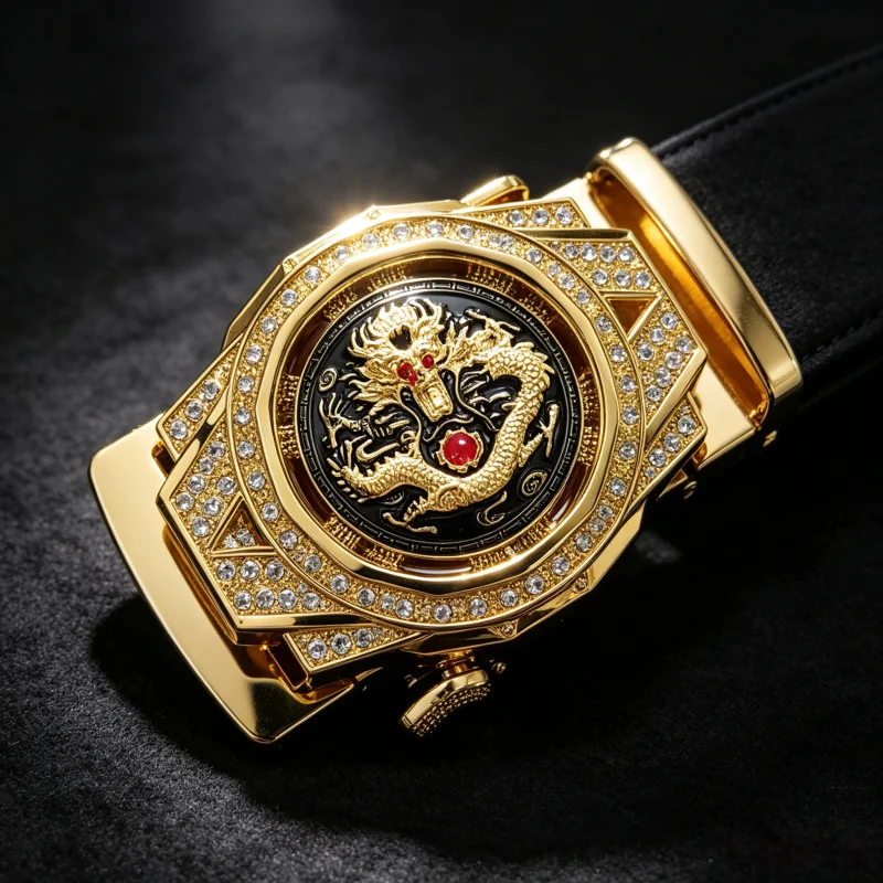 1Pcs Gold Inlaid Rhinestone Dragon Alloy Automatic Belt Buckle Only, Fits Belt Straps Width ≤3.5Cm, Men Replacement Buckle Match