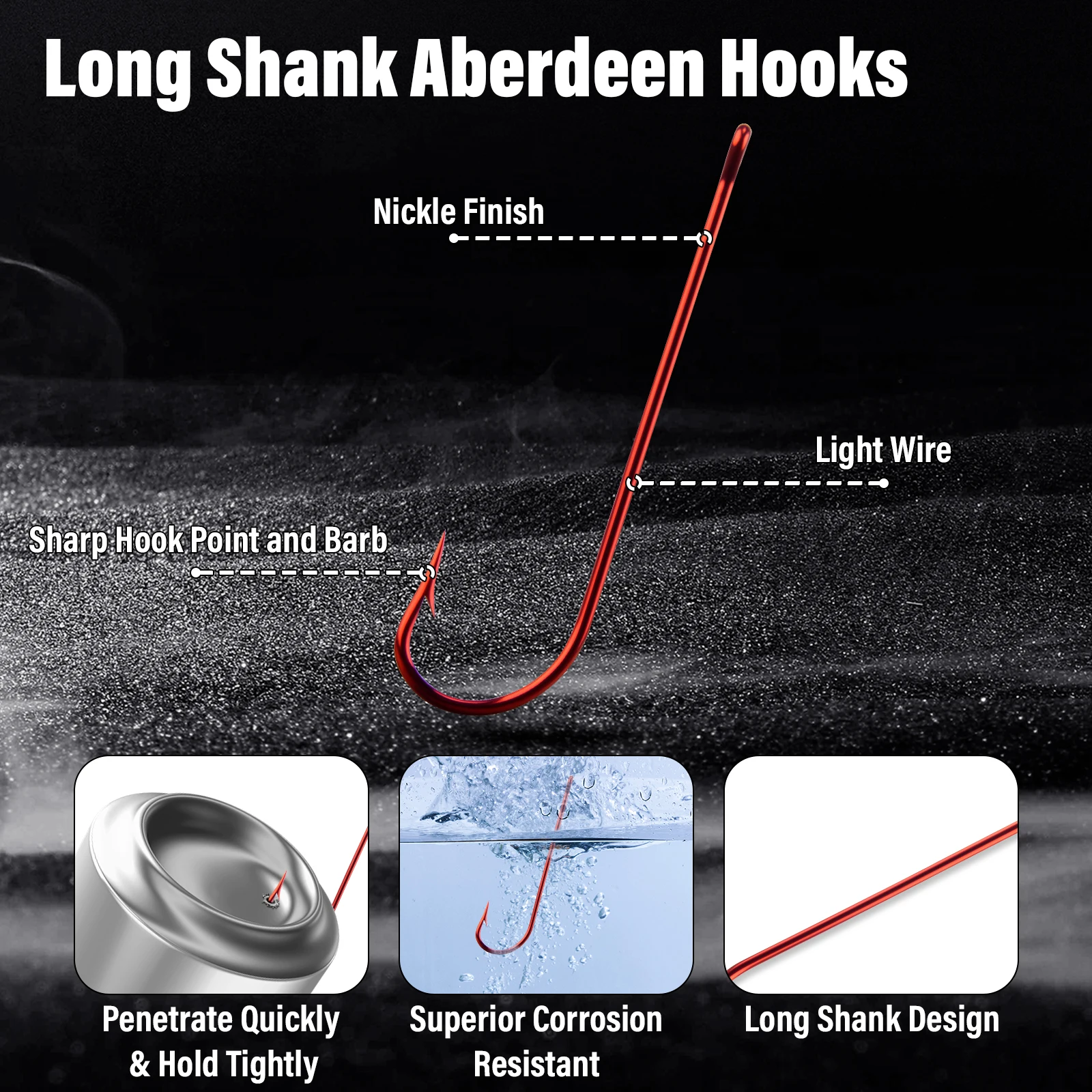 100pcs Red Aberdeen Fishing Hooks Freshwater Crappie Panfish Straight Long Shank Light Wire Worm Small Fishing Hooks #10-#2