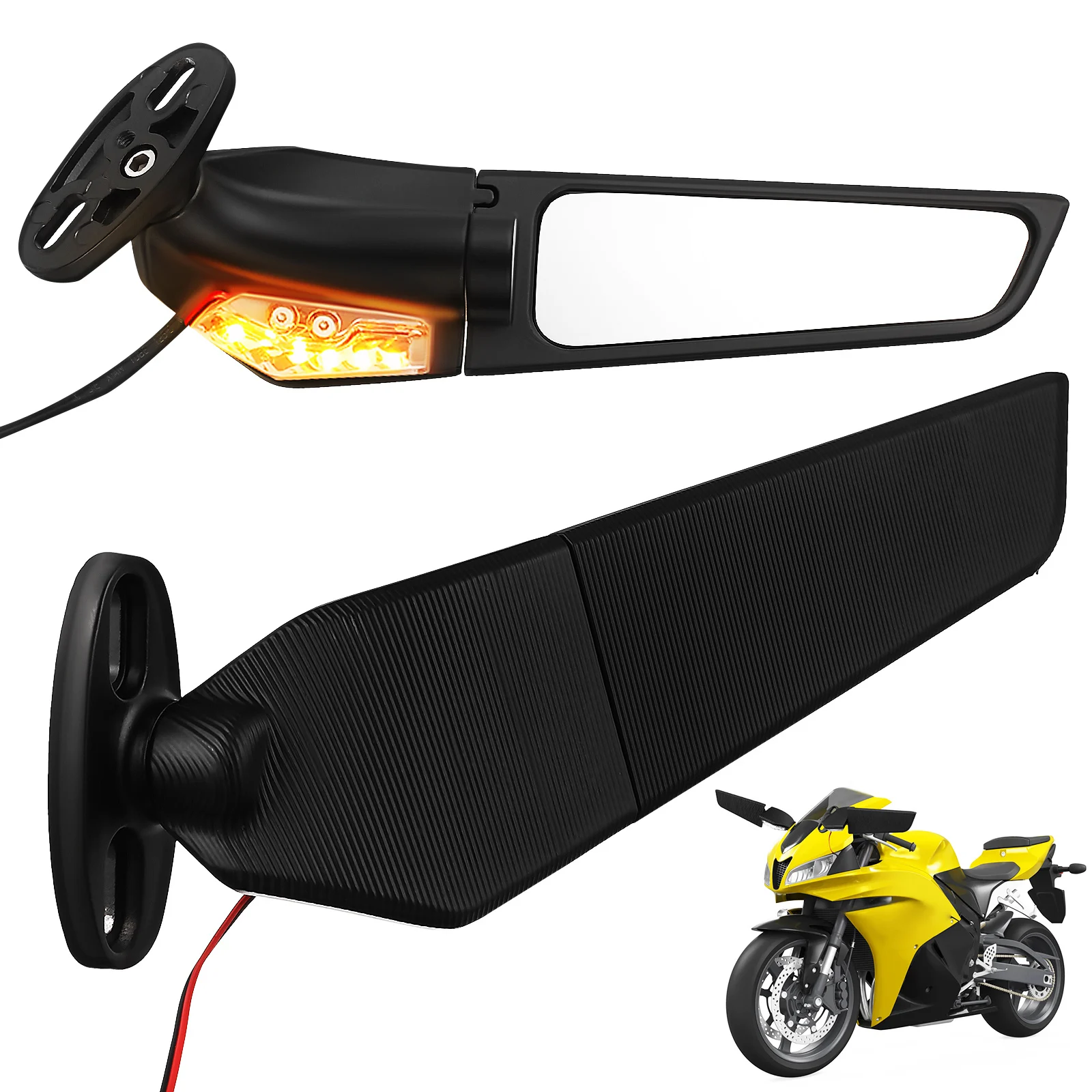 

Universal Fit Motorcycle Side Mirror Rearview Wing Fin for Handlebars Large View Sturdy Metal with Turn Signals Easy Install