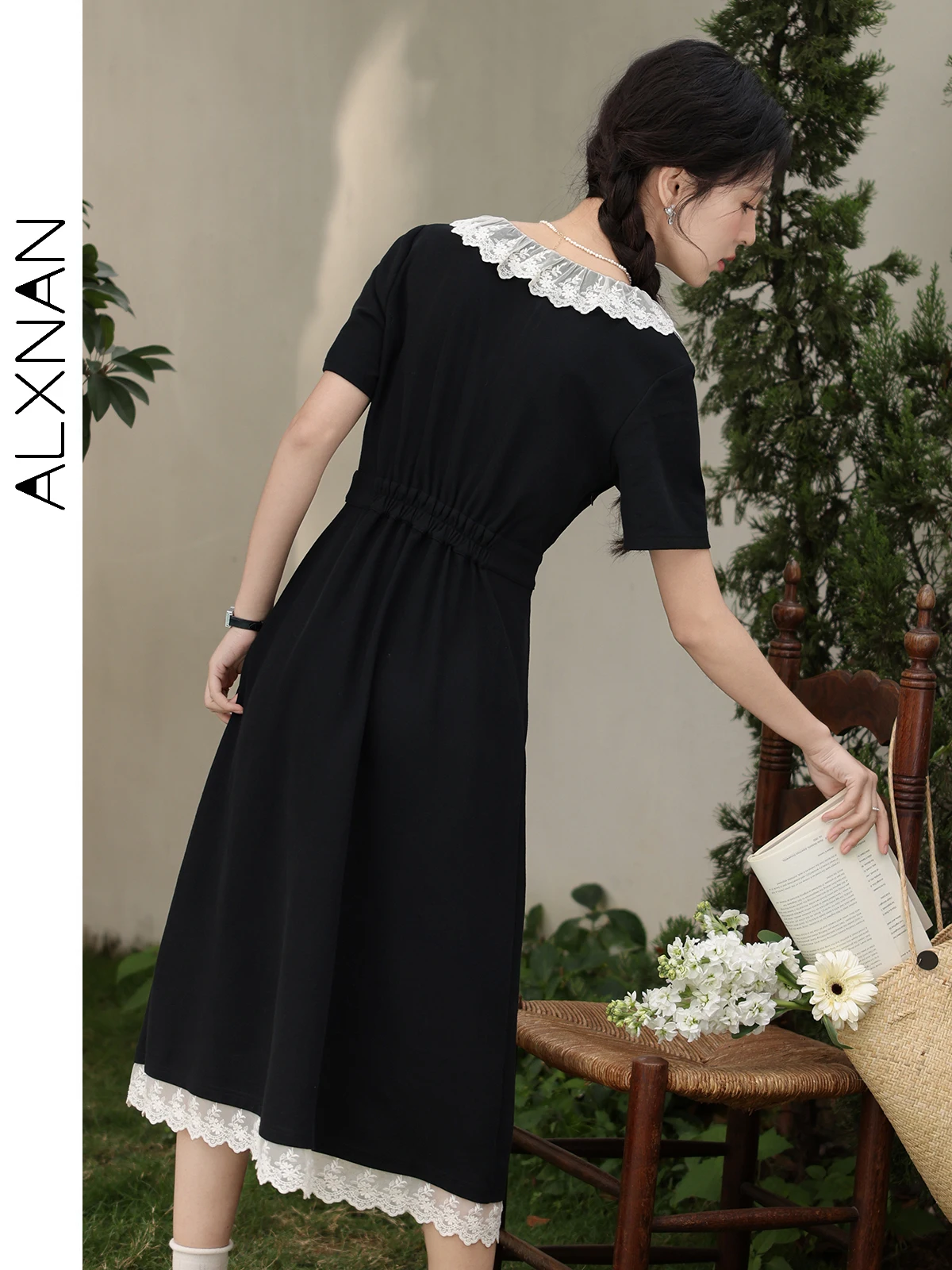 ALXNAN Plus Size Damen Schwarzes Kleid Langes elegantes Spitzen-Patchwork-Midikleid 2025, Sommerurlaub, Baumwolle, Damenbekleidung D10173