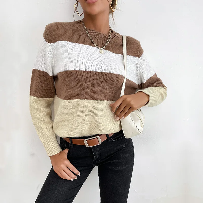 

2021 Autumn Product Pullover Multicolor Knitwear Round Neck Stitching Sweater Ropa De Invierno Para Mujer Con Envio Gratis